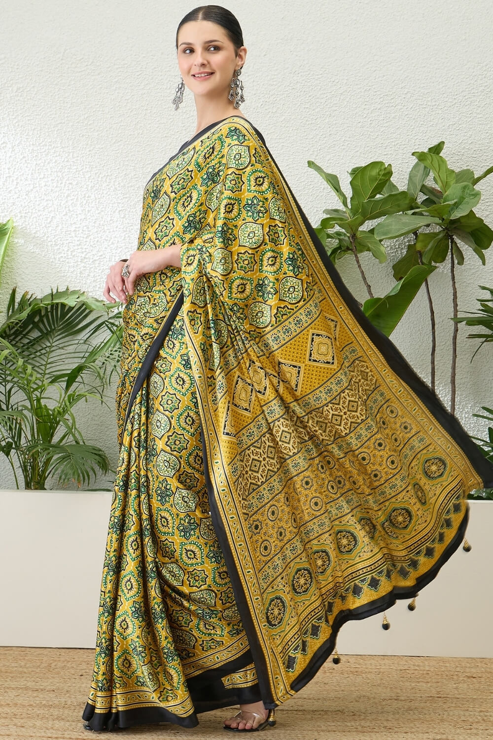 Mesmeric Yellow Ajrakh Printed Semi Modal Silk Saree With Rhapsody Blouse Piece