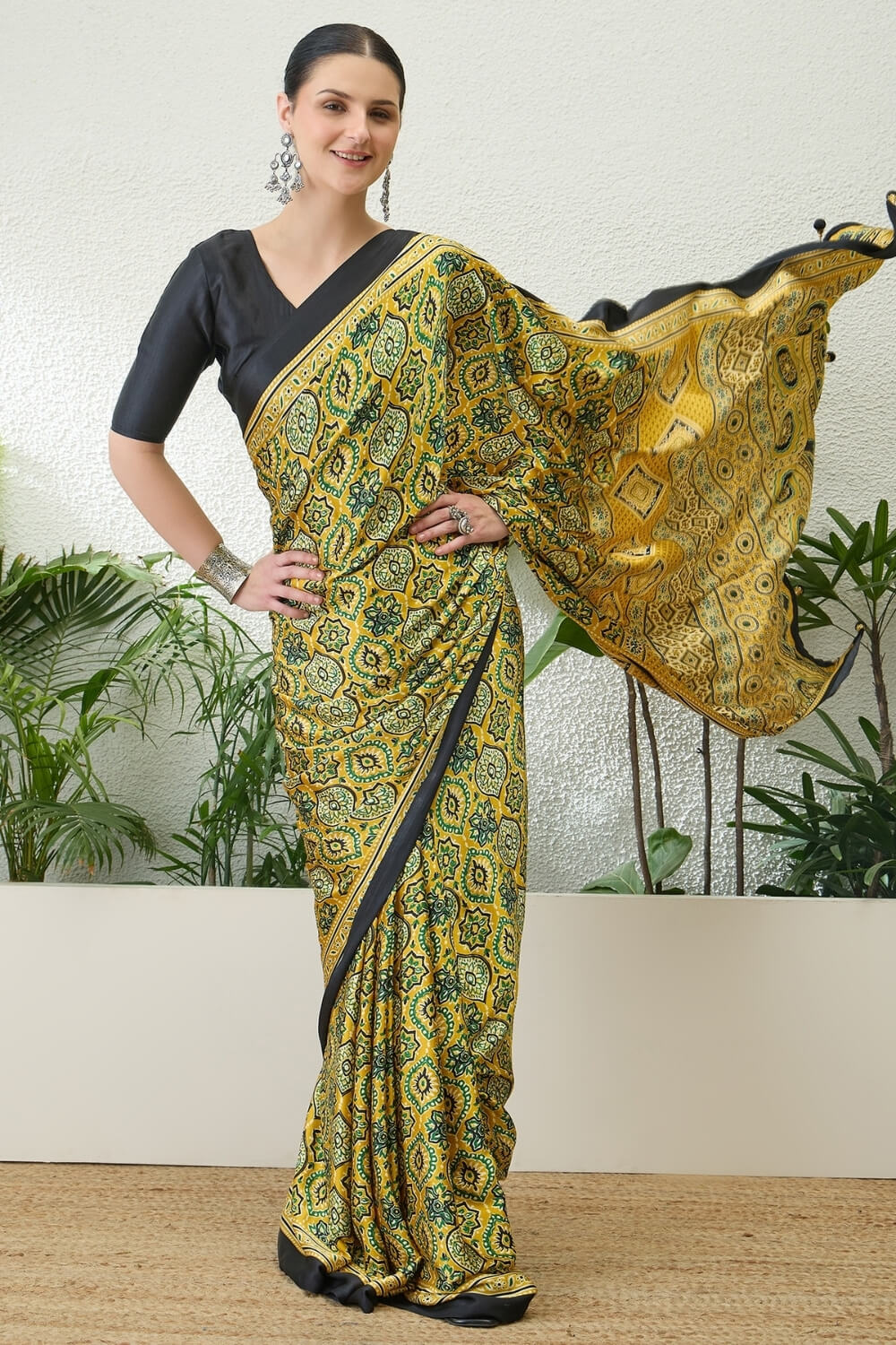 Mesmeric Yellow Ajrakh Printed Semi Modal Silk Saree With Rhapsody Blouse Piece