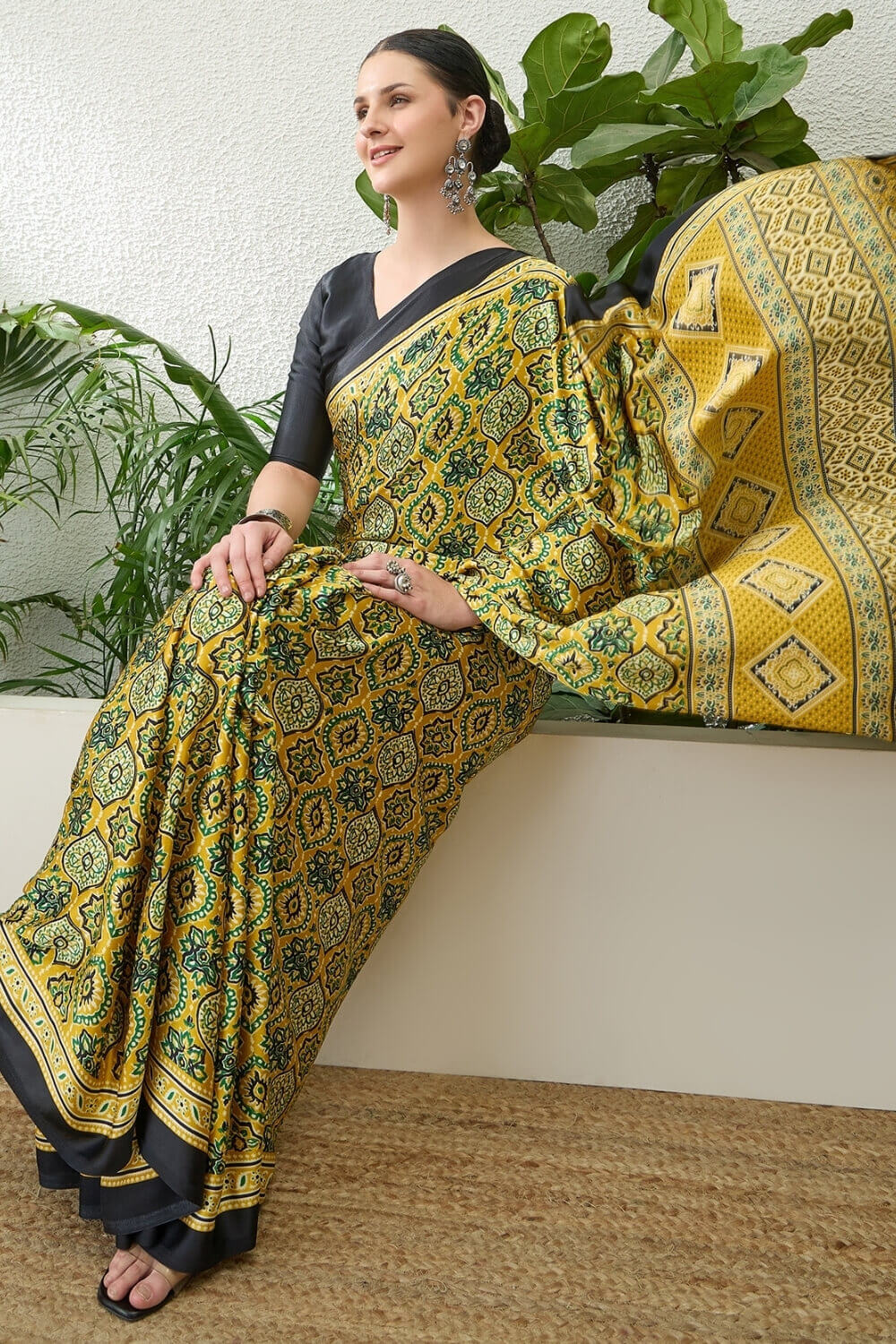 Mesmeric Yellow Ajrakh Printed Semi Modal Silk Saree With Rhapsody Blouse Piece