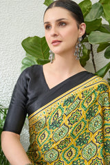 Mesmeric Yellow Ajrakh Printed Semi Modal Silk Saree With Rhapsody Blouse Piece