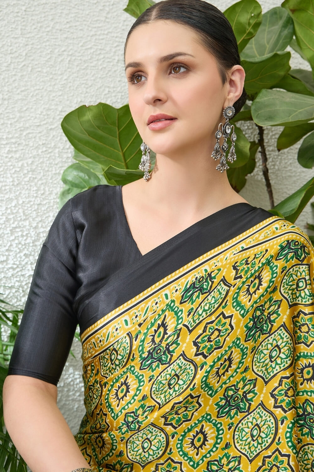 Mesmeric Yellow Ajrakh Printed Semi Modal Silk Saree With Rhapsody Blouse Piece