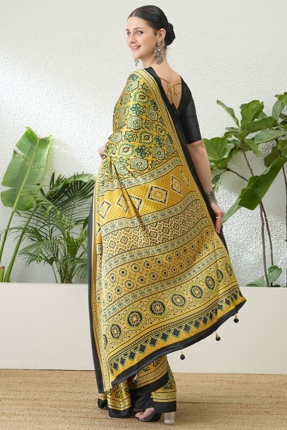 Mesmeric Yellow Ajrakh Printed Semi Modal Silk Saree With Rhapsody Blouse Piece