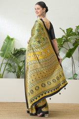 Mesmeric Yellow Ajrakh Printed Semi Modal Silk Saree With Rhapsody Blouse Piece