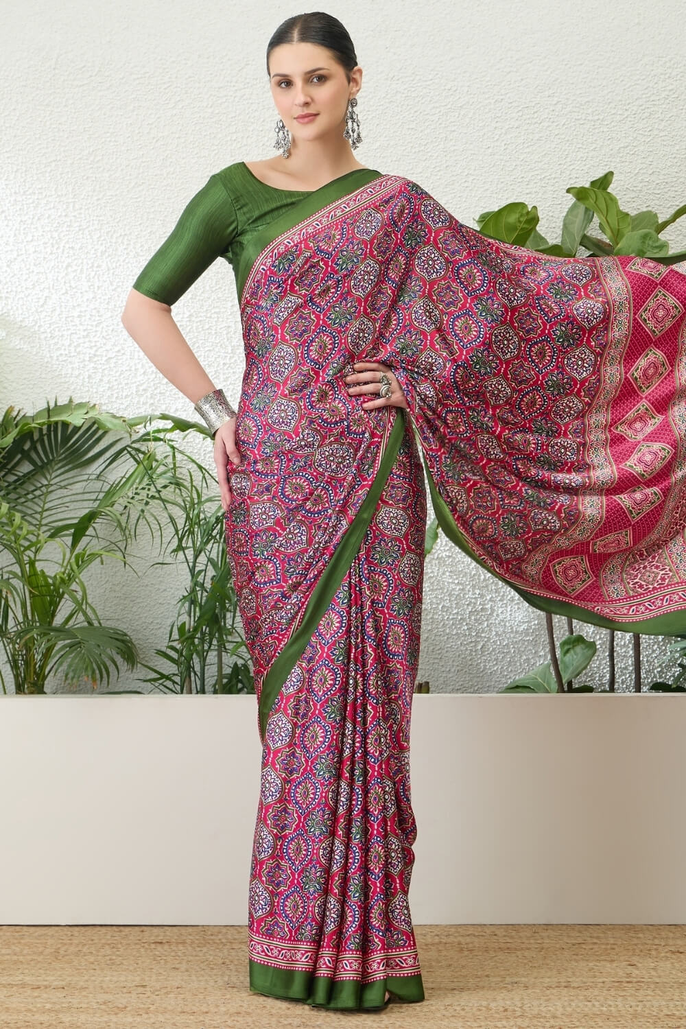 Enigmatic Dark Pink Ajrakh Printed Semi Modal Silk Saree With Alluring Blouse Piece