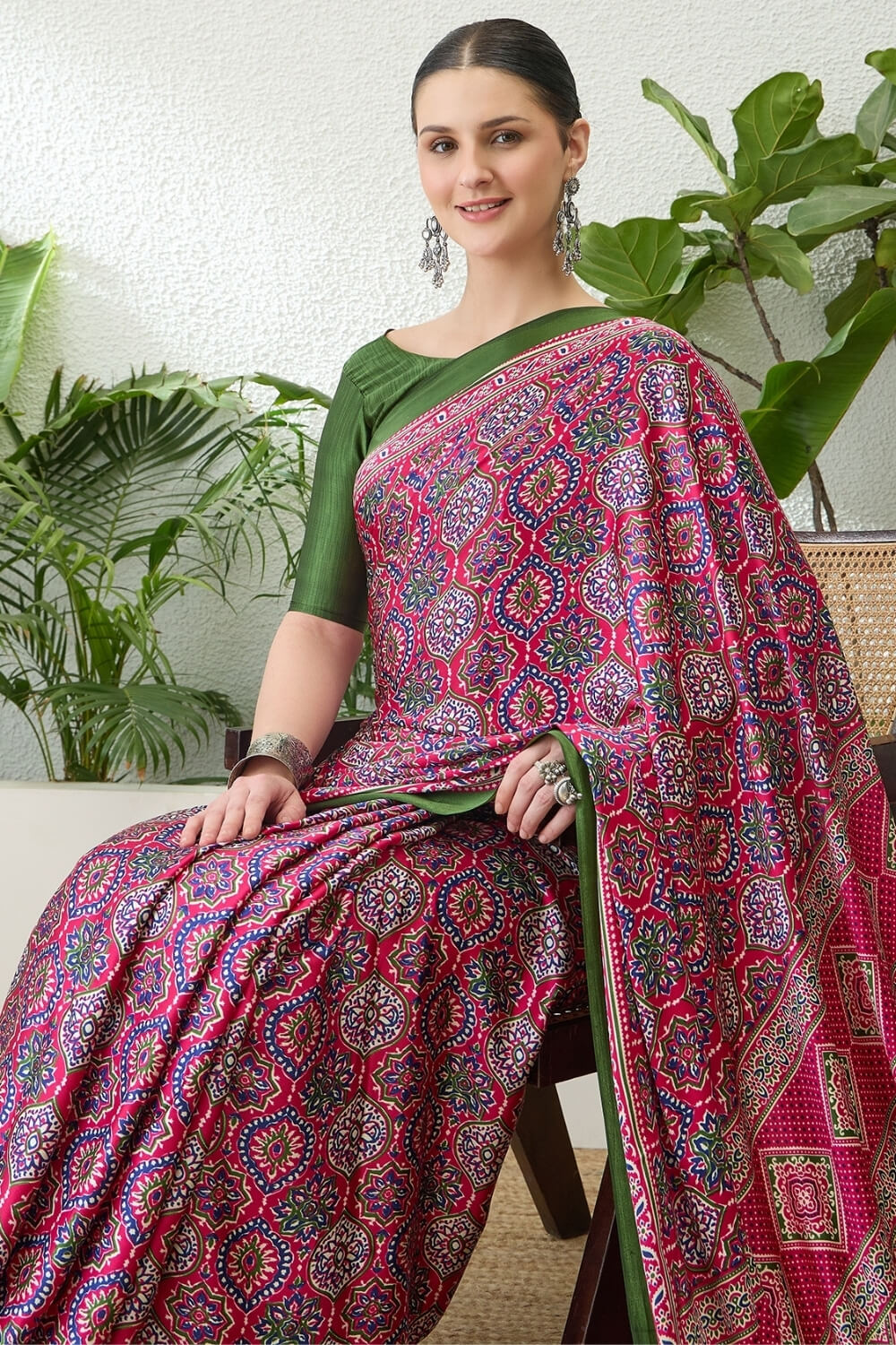 Enigmatic Dark Pink Ajrakh Printed Semi Modal Silk Saree With Alluring Blouse Piece