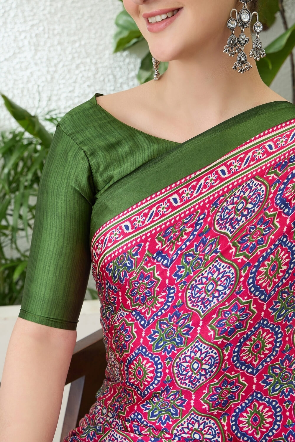 Enigmatic Dark Pink Ajrakh Printed Semi Modal Silk Saree With Alluring Blouse Piece
