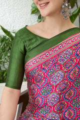 Enigmatic Dark Pink Ajrakh Printed Semi Modal Silk Saree With Alluring Blouse Piece