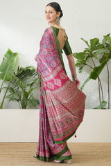 Enigmatic Dark Pink Ajrakh Printed Semi Modal Silk Saree With Alluring Blouse Piece
