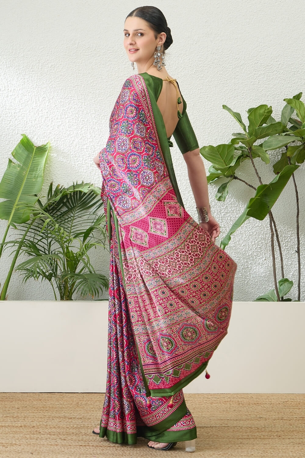 Enigmatic Dark Pink Ajrakh Printed Semi Modal Silk Saree With Alluring Blouse Piece