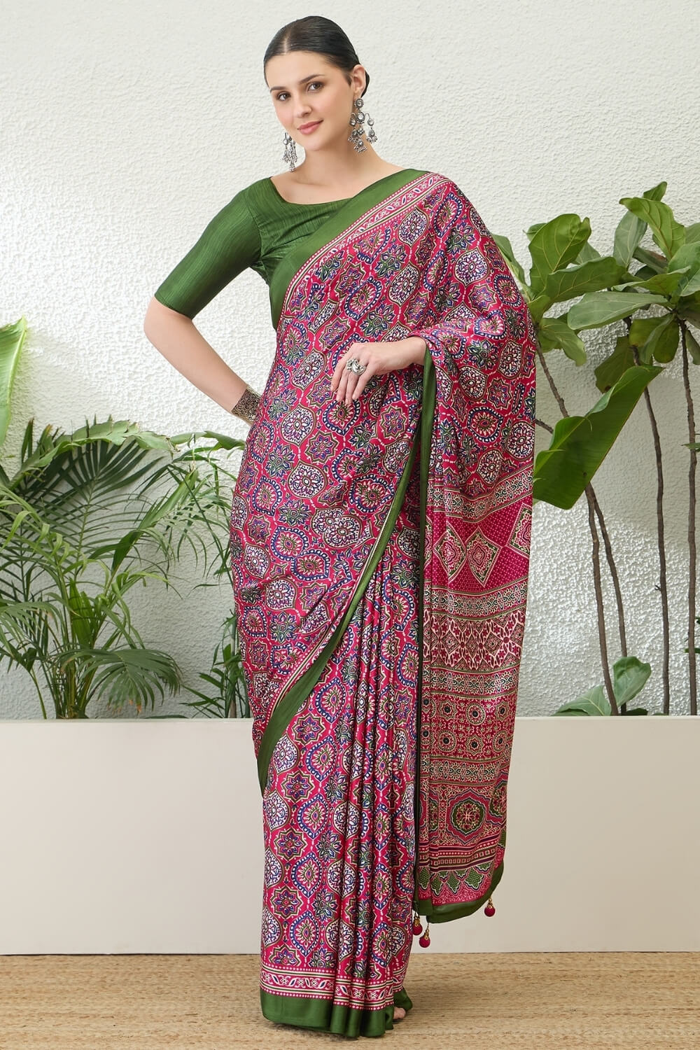 Enigmatic Dark Pink Ajrakh Printed Semi Modal Silk Saree With Alluring Blouse Piece