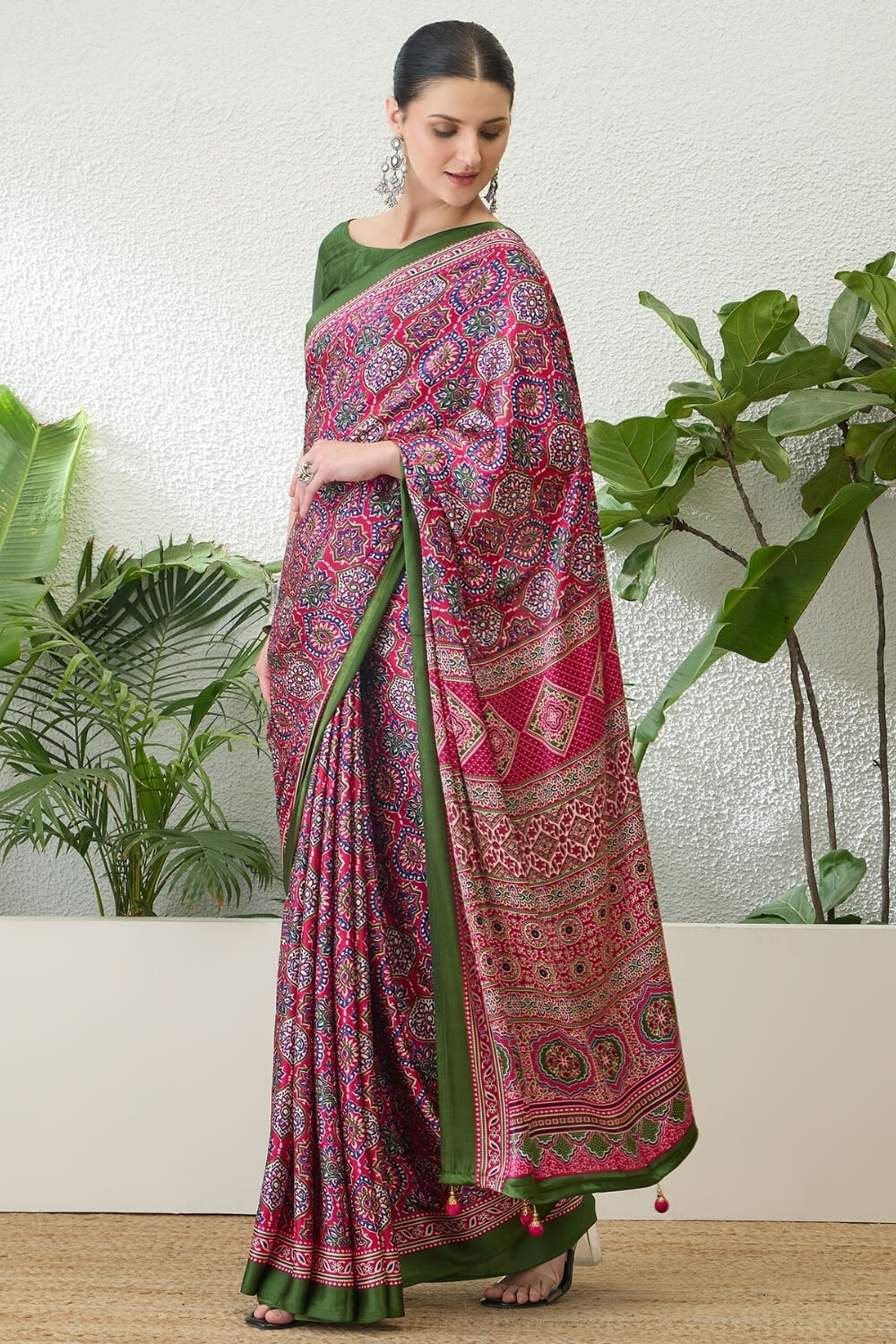 Enigmatic Dark Pink Ajrakh Printed Semi Modal Silk Saree With Alluring Blouse Piece
