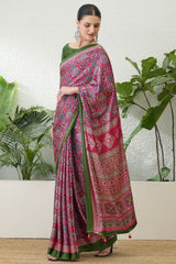 Enigmatic Dark Pink Ajrakh Printed Semi Modal Silk Saree With Alluring Blouse Piece