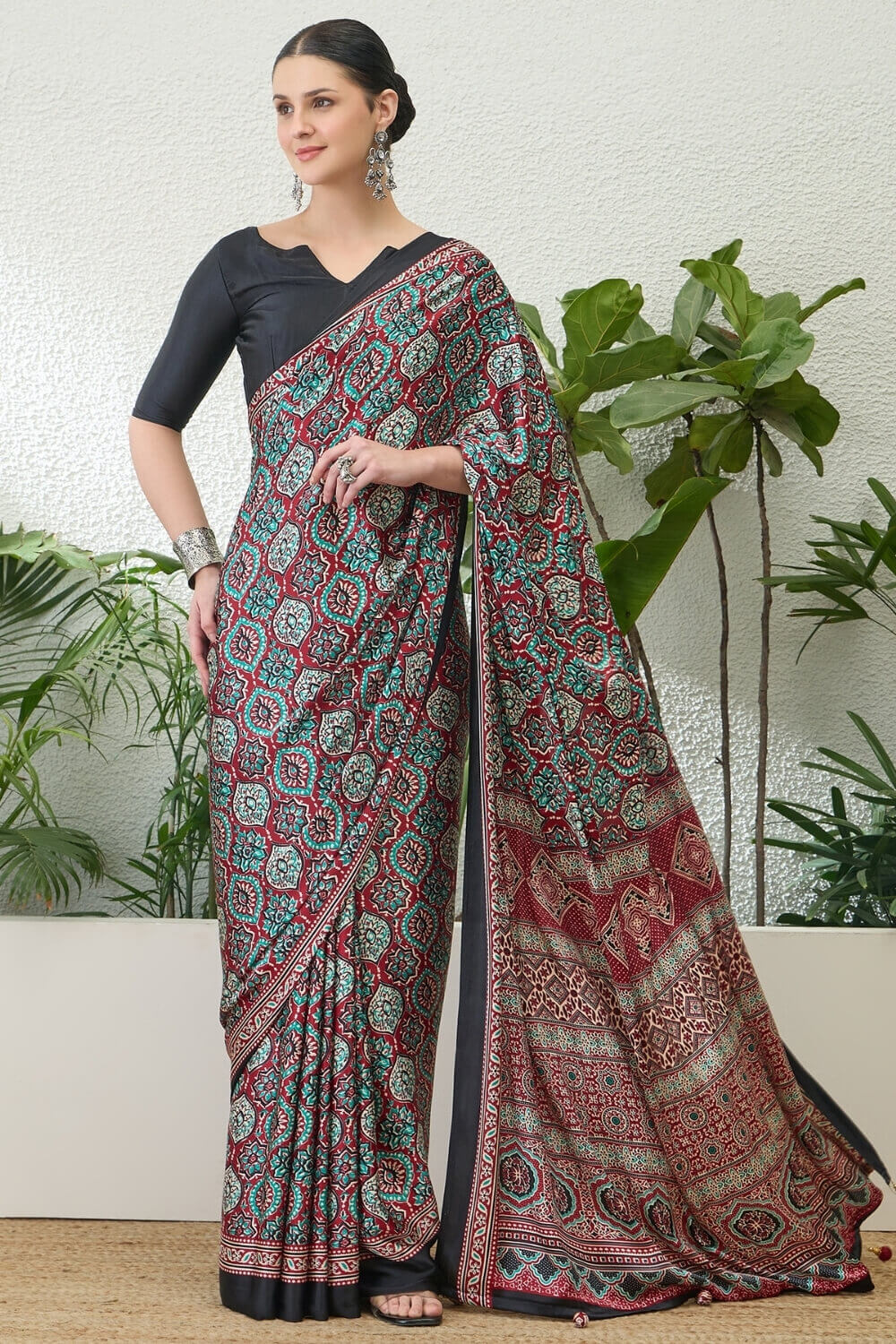 Enthralling Maroon Ajrakh Printed Semi Modal Silk Saree With Demesne Blouse Piece