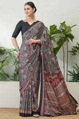 Enthralling Maroon Ajrakh Printed Semi Modal Silk Saree With Demesne Blouse Piece
