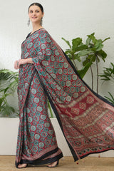 Enthralling Maroon Ajrakh Printed Semi Modal Silk Saree With Demesne Blouse Piece