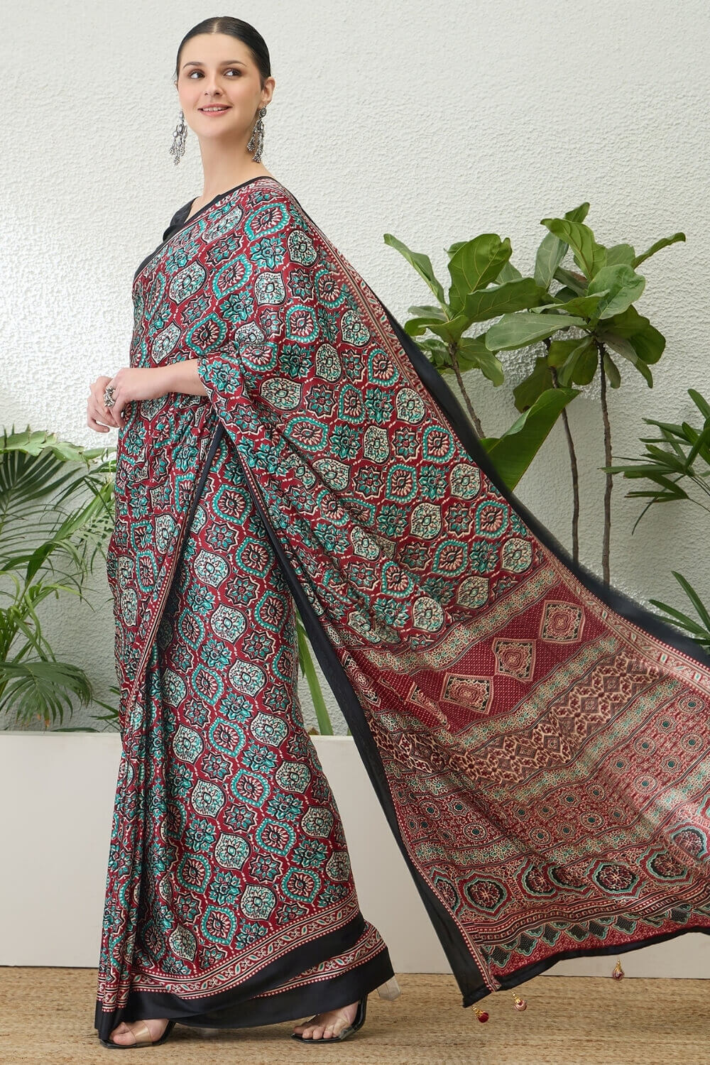 Enthralling Maroon Ajrakh Printed Semi Modal Silk Saree With Demesne Blouse Piece