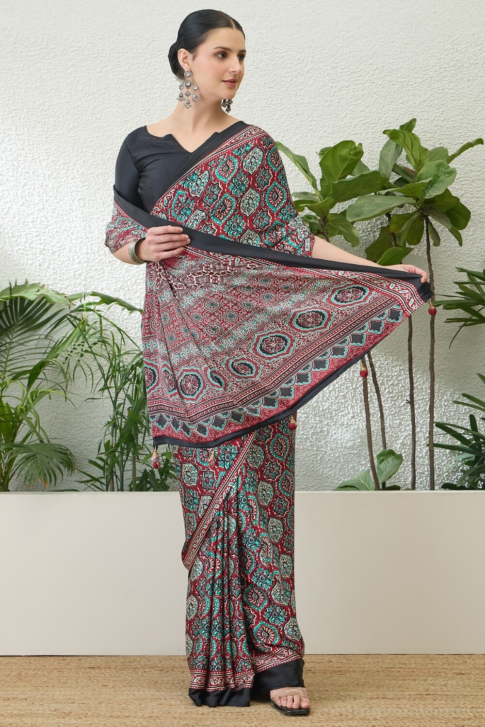 Enthralling Maroon Ajrakh Printed Semi Modal Silk Saree With Demesne Blouse Piece