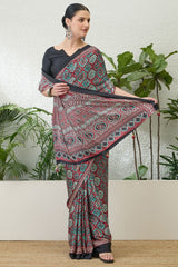 Enthralling Maroon Ajrakh Printed Semi Modal Silk Saree With Demesne Blouse Piece