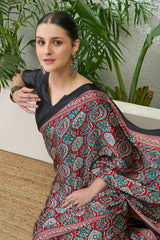 Enthralling Maroon Ajrakh Printed Semi Modal Silk Saree With Demesne Blouse Piece