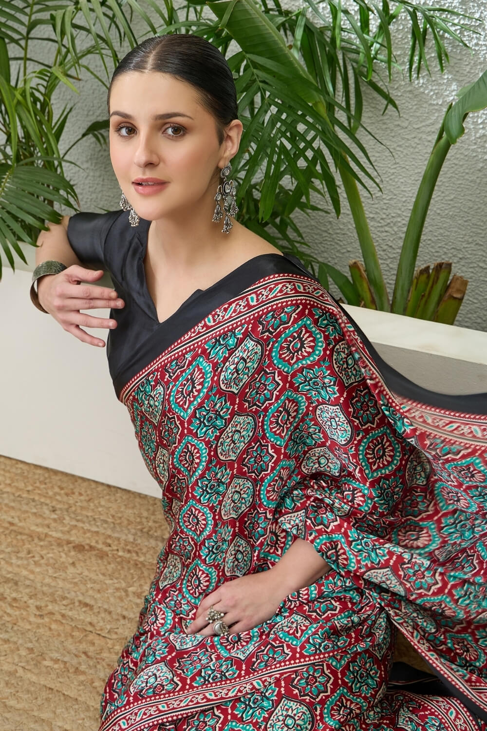 Enthralling Maroon Ajrakh Printed Semi Modal Silk Saree With Demesne Blouse Piece