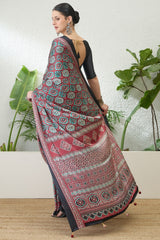 Enthralling Maroon Ajrakh Printed Semi Modal Silk Saree With Demesne Blouse Piece