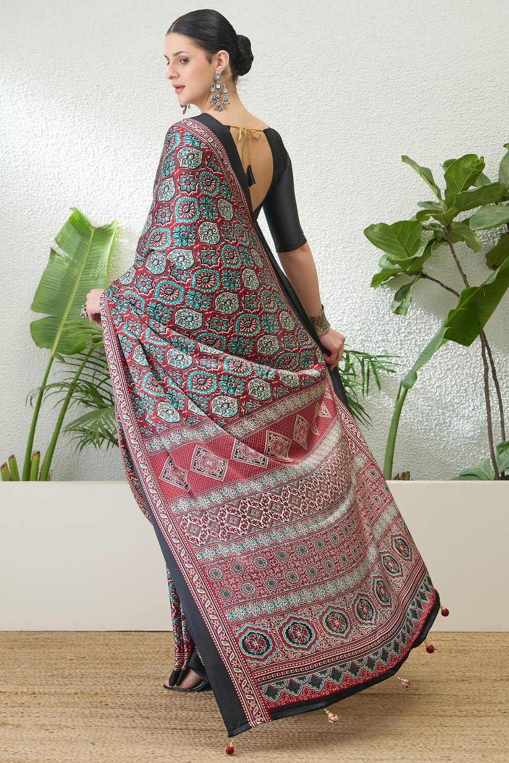Enthralling Maroon Ajrakh Printed Semi Modal Silk Saree With Demesne Blouse Piece