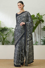 Efflorescence Black Ajrakh Printed Semi Modal Silk Saree With Angelic Blouse Piece