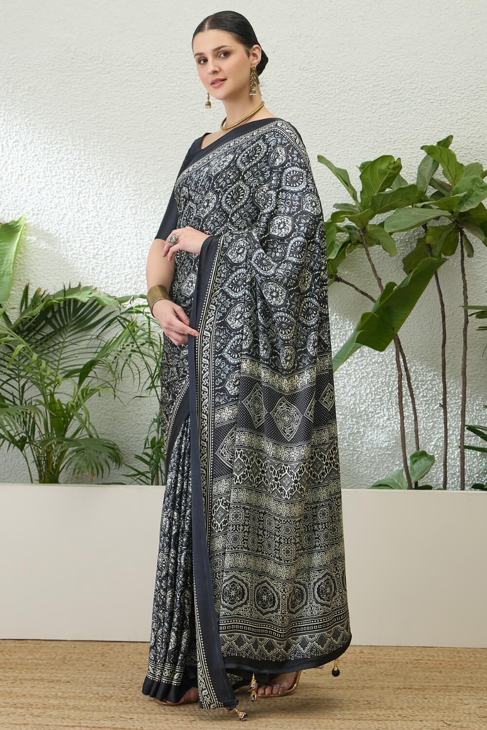 Efflorescence Black Ajrakh Printed Semi Modal Silk Saree With Angelic Blouse Piece
