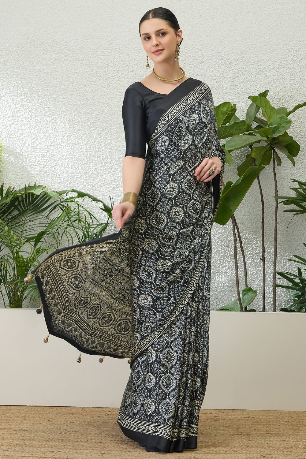 Efflorescence Black Ajrakh Printed Semi Modal Silk Saree With Angelic Blouse Piece