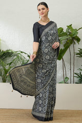 Efflorescence Black Ajrakh Printed Semi Modal Silk Saree With Angelic Blouse Piece