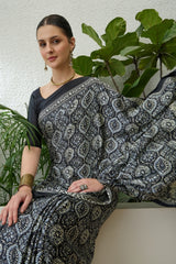 Efflorescence Black Ajrakh Printed Semi Modal Silk Saree With Angelic Blouse Piece