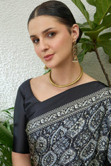 Efflorescence Black Ajrakh Printed Semi Modal Silk Saree With Angelic Blouse Piece