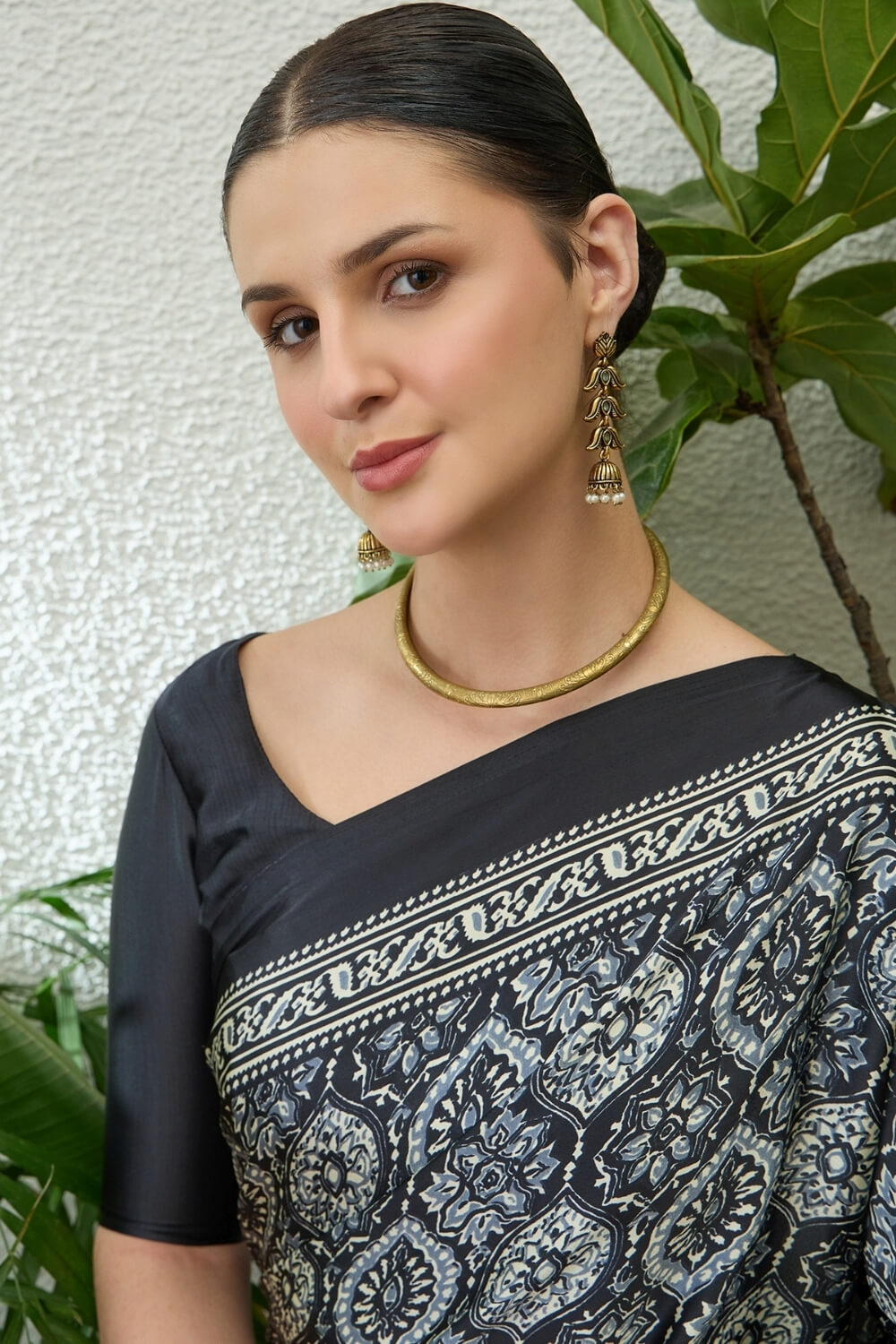 Efflorescence Black Ajrakh Printed Semi Modal Silk Saree With Angelic Blouse Piece