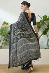 Efflorescence Black Ajrakh Printed Semi Modal Silk Saree With Angelic Blouse Piece