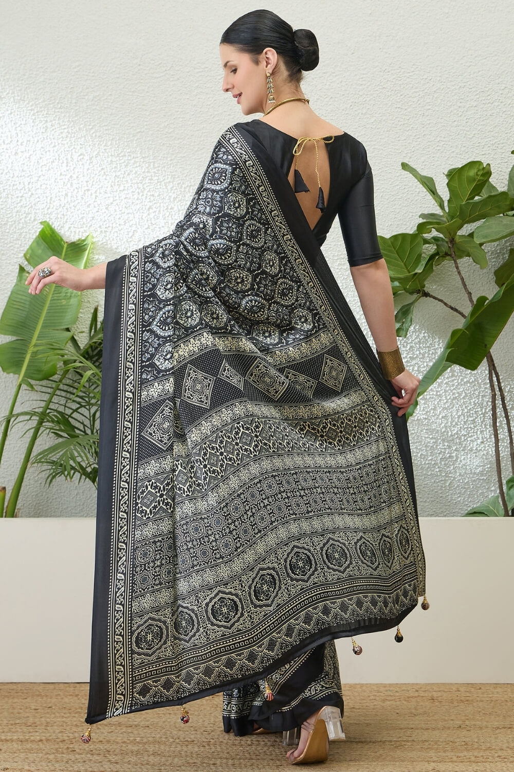 Efflorescence Black Ajrakh Printed Semi Modal Silk Saree With Angelic Blouse Piece