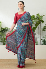 Dazzling Navy Blue Ajrakh Printed Semi Modal Silk Saree With Fairytale Blouse Piece
