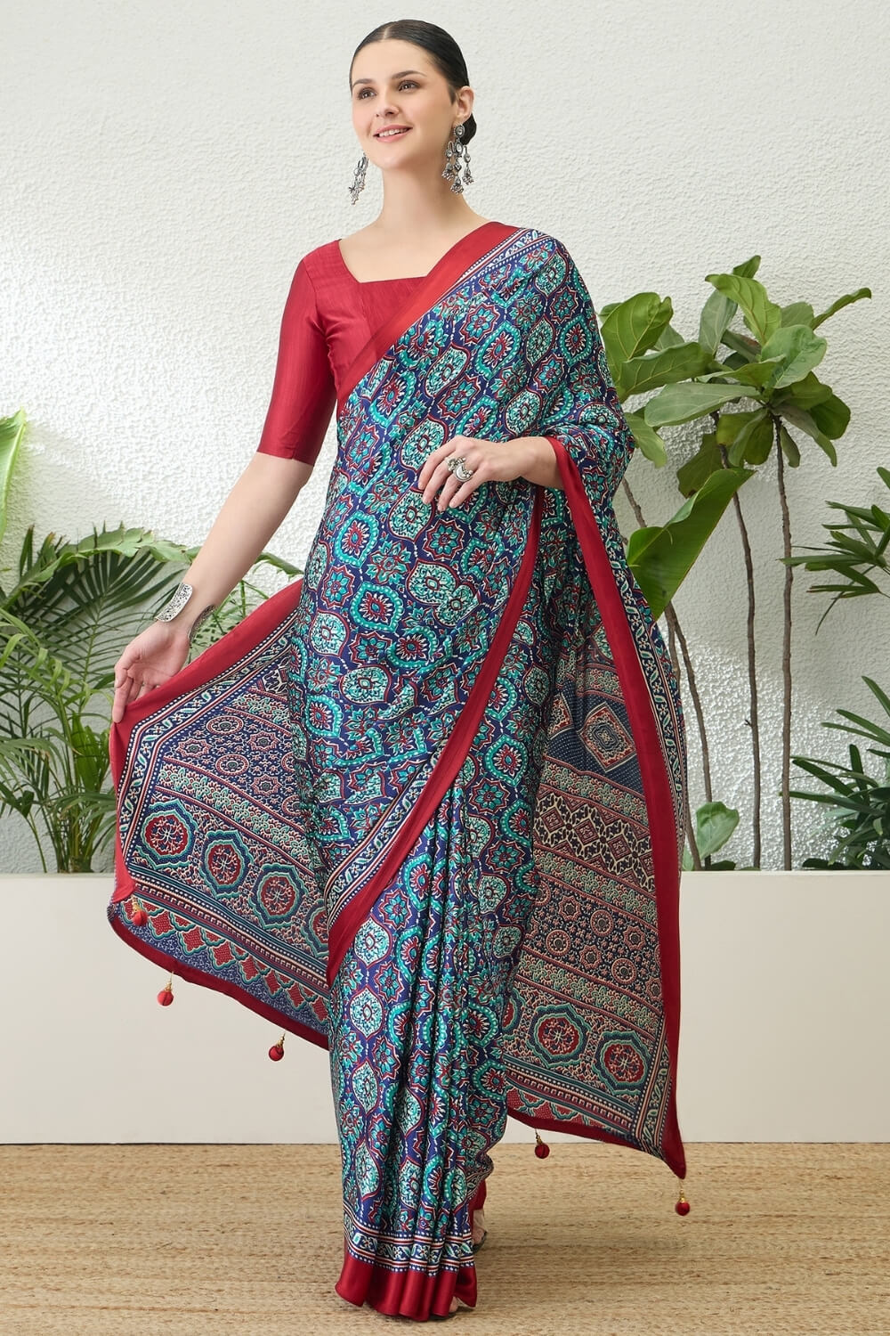 Dazzling Navy Blue Ajrakh Printed Semi Modal Silk Saree With Fairytale Blouse Piece