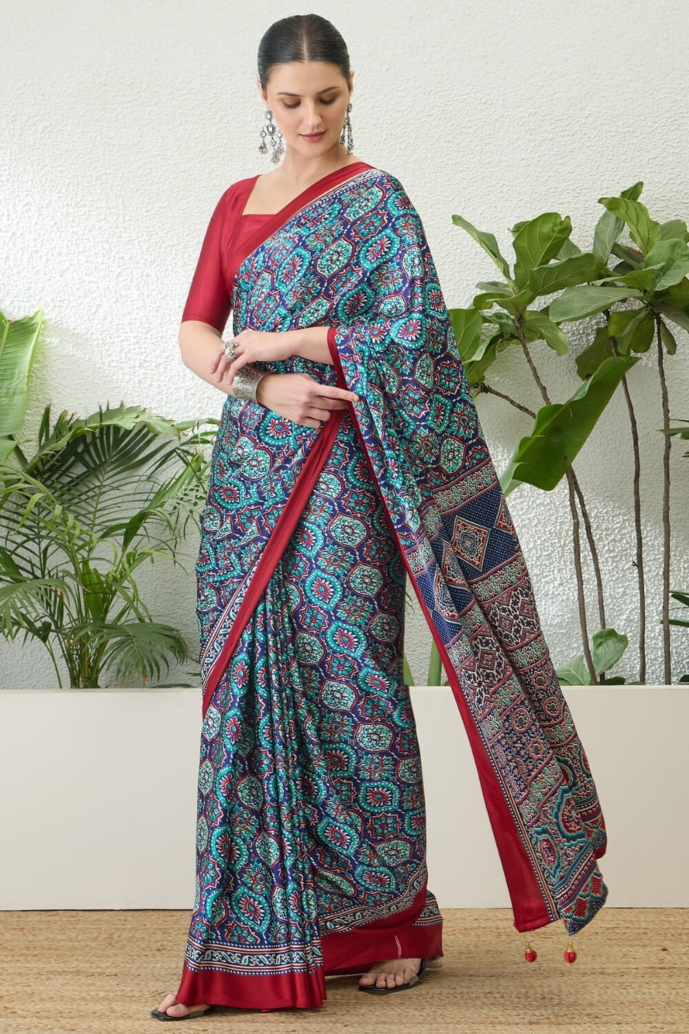 Dazzling Navy Blue Ajrakh Printed Semi Modal Silk Saree With Fairytale Blouse Piece