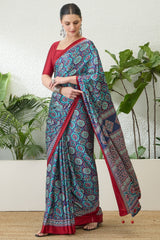 Dazzling Navy Blue Ajrakh Printed Semi Modal Silk Saree With Fairytale Blouse Piece