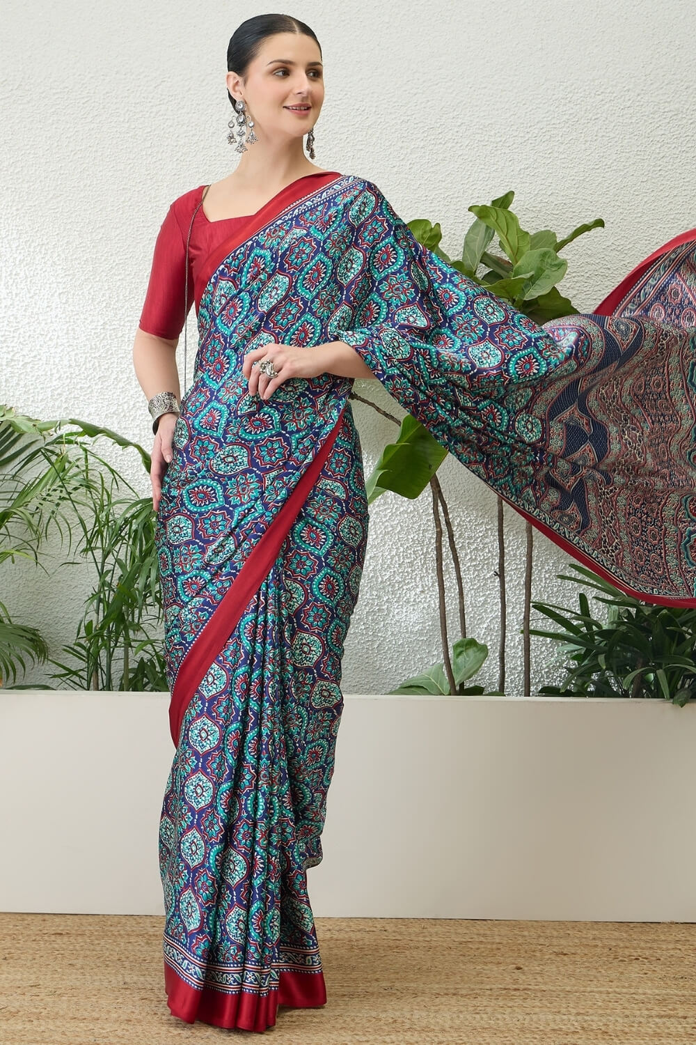 Dazzling Navy Blue Ajrakh Printed Semi Modal Silk Saree With Fairytale Blouse Piece