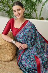 Dazzling Navy Blue Ajrakh Printed Semi Modal Silk Saree With Fairytale Blouse Piece