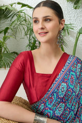 Dazzling Navy Blue Ajrakh Printed Semi Modal Silk Saree With Fairytale Blouse Piece