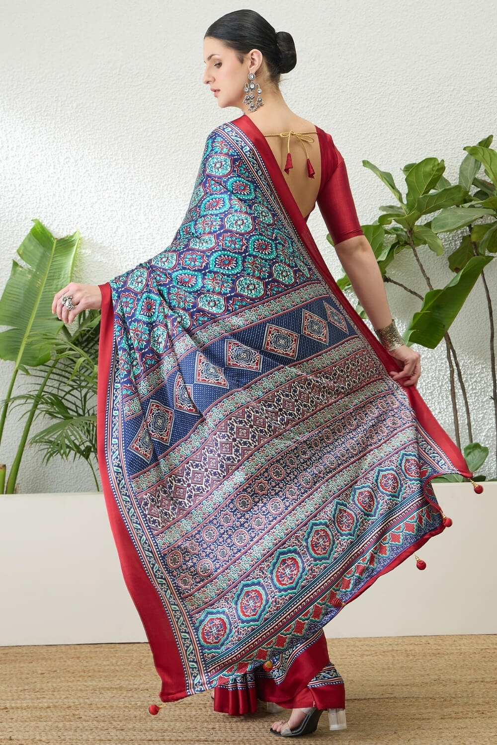 Dazzling Navy Blue Ajrakh Printed Semi Modal Silk Saree With Fairytale Blouse Piece