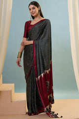 Verdant Black Ajrakh Printed Semi Modal Silk Saree With Vivacious Blouse Piece