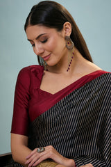 Verdant Black Ajrakh Printed Semi Modal Silk Saree With Vivacious Blouse Piece