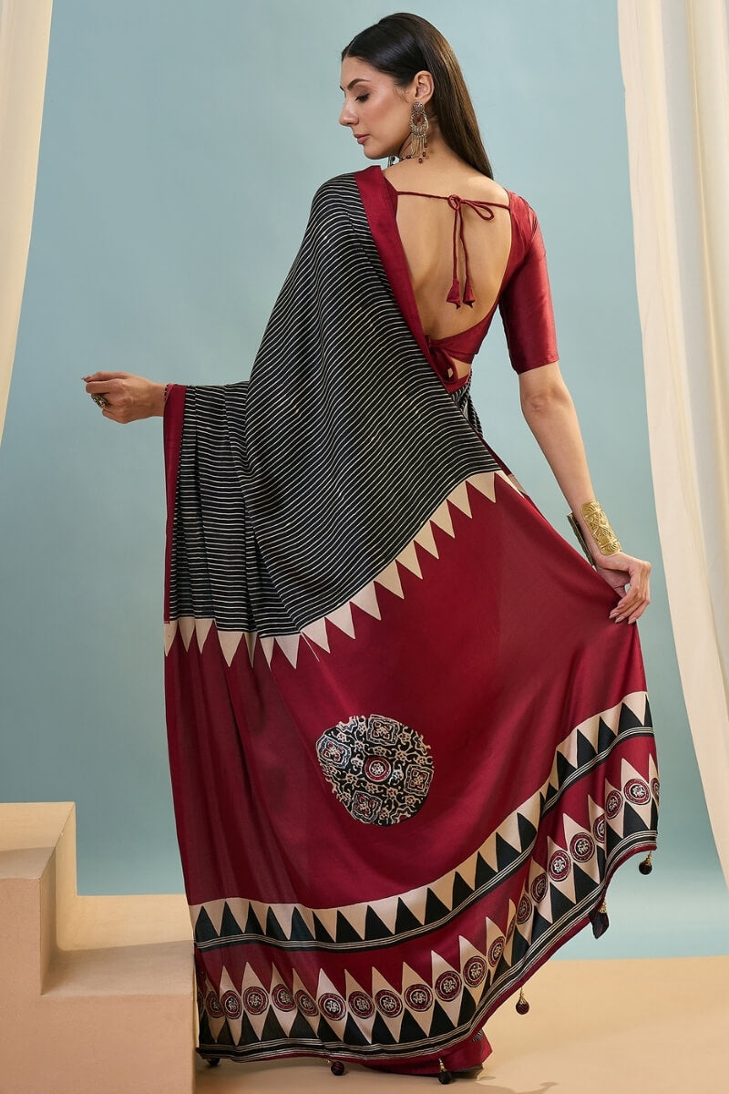 Verdant Black Ajrakh Printed Semi Modal Silk Saree With Vivacious Blouse Piece