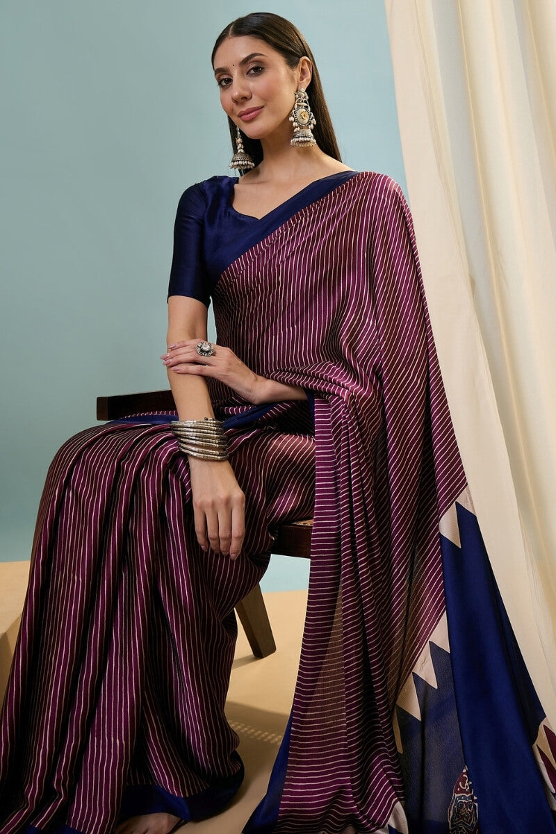 Extraordinary Wine Ajrakh Printed Semi Modal Silk Saree With Gorgeous Blouse Piece
