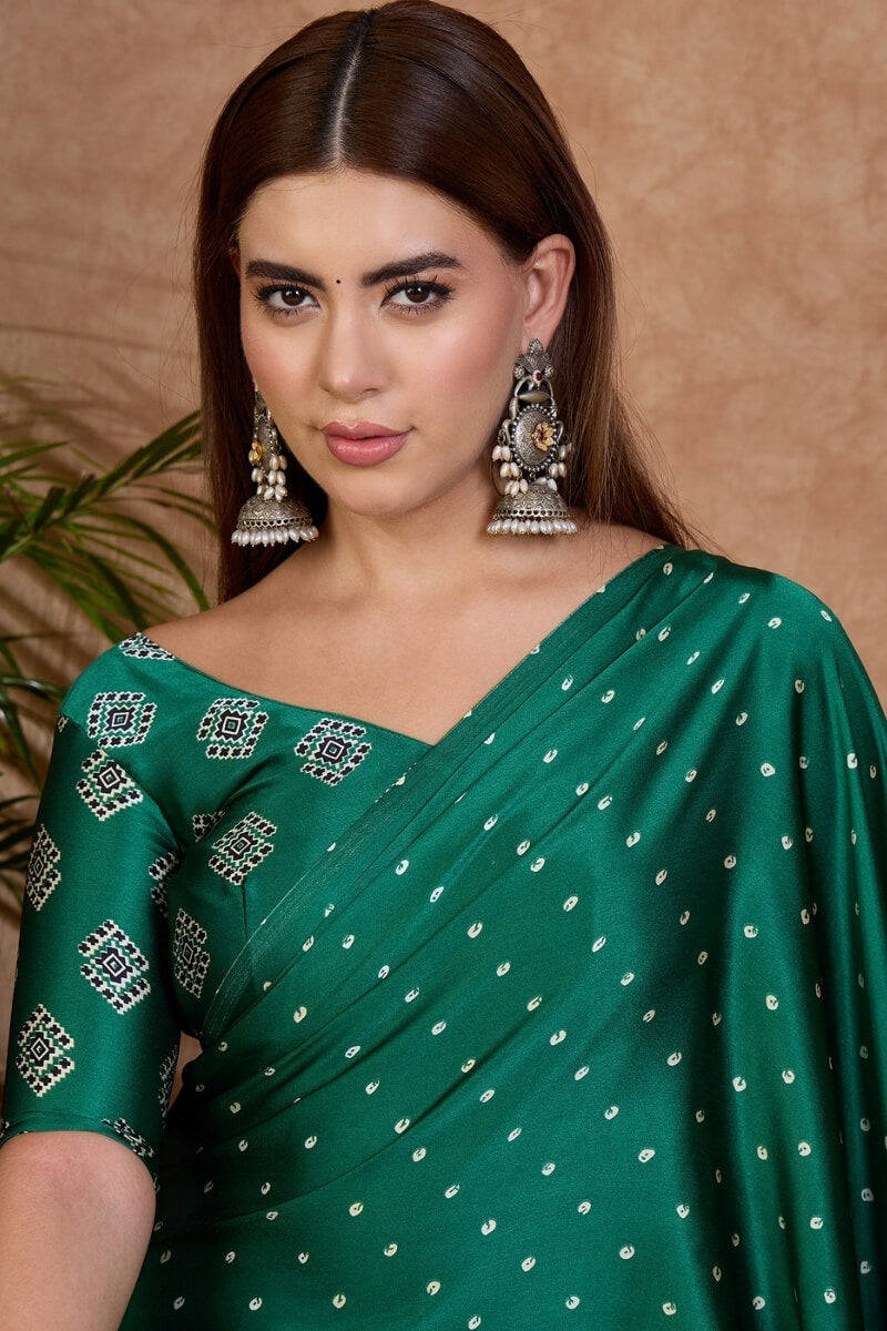 Engrossing Dark Green Ajrakh Printed Semi Modal Silk Saree With Imbrication Blouse Piece