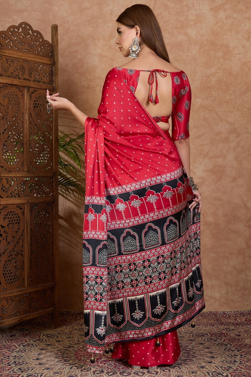 Propinquity Red Ajrakh Printed Semi Modal Silk Saree With Ethnic Blouse Piece