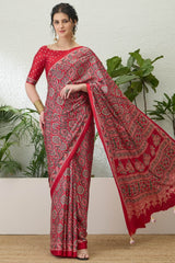 Exuberant Maroon Ajrakh Printed Semi Modal Silk Saree With Glittering Blouse Piece